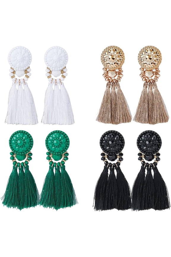 4 Pairs Long Tassel Dangle Earrings Polyester Dangle Stud Earrings Colorful Beads Chandelier Earrings Fringe Drop Earrings Wedding Party Gifts for Woman