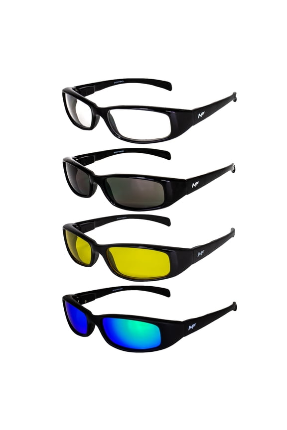 4 Pairs of MF Eyewear Bad Attitude Motorcycle Glasses Shatterproof Polycarbonate Black Frame UV400 Filter, Scratch-Resistant Motorcycle Riding Glasses Clear, Smoke, Yellow & Green Mirror Lenses