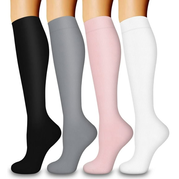 4 Pairs Medical Sport Compression Socks for Women & Men - 15-20mmhg Graduated Knee-High Support Recovery Socks for Nurses, Medical, Running, Cycling, Athletic