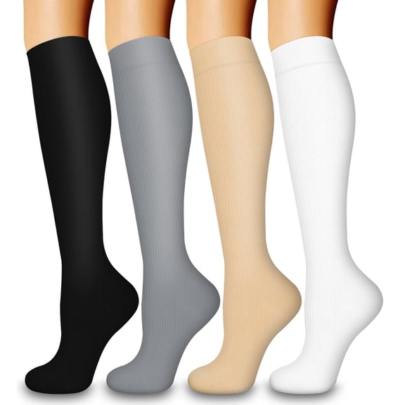 4 Pairs Medical Sport Compression Socks for Women & Men - 15-20mmhg Graduated Knee-High Support Recovery Socks for Nurses, Medical, Running, Cycling, Athletic