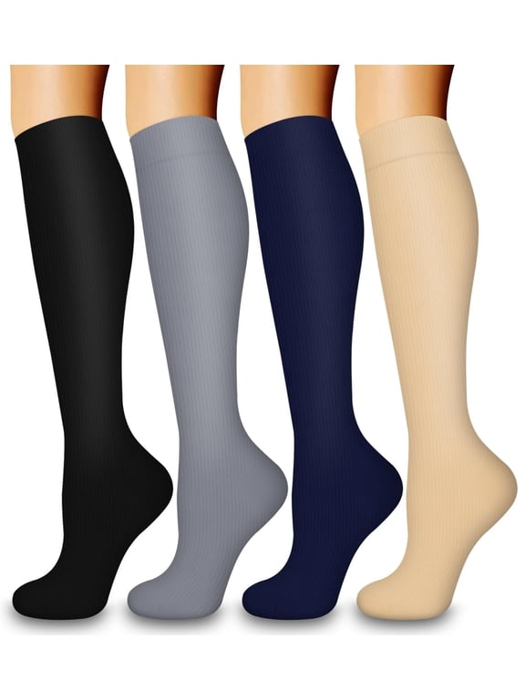 4 Pairs Medical Sport Compression Socks for Women & Men - 15-20mmhg Graduated Knee-High Support Recovery Socks for Nurses, Medical, Running, Cycling, Athletic