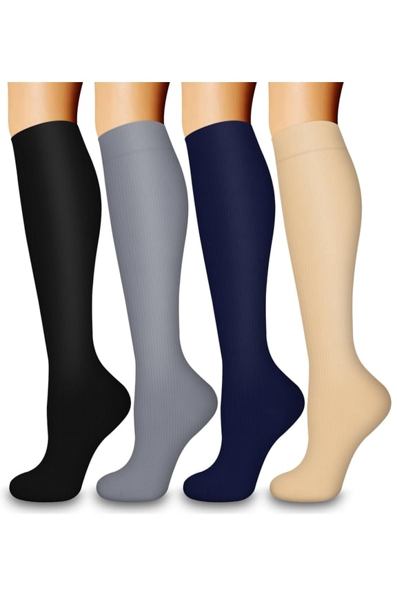 4 Pairs Medical Sport Compression Socks for Women & Men - 15-20mmhg Graduated Knee-High Support Recovery Socks for Nurses, Medical, Running, Cycling, Athletic