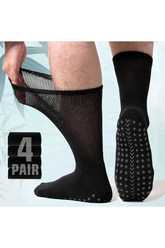 Men's Diabetic Socks 4 Pairs, Non-Binding Bamboo Neuropathy Crew Socks with Non-Slip Grip, Moisture Wicking Breathable Comfort Fit Father's Day Gift, Black