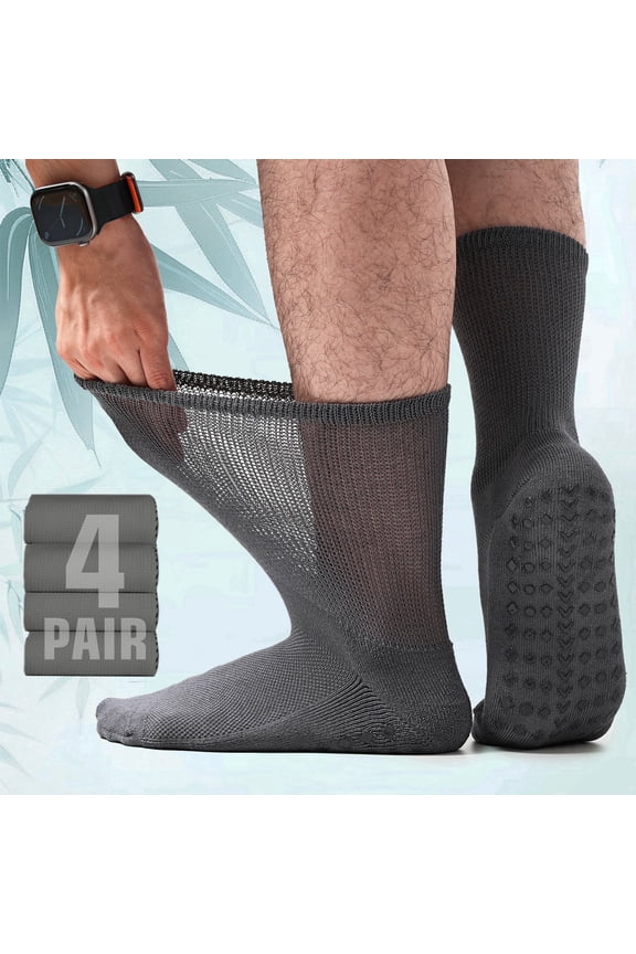 4 Pairs Men Diabetic Socks 12-14 Non-Binding Moisture Crew Length Socks Wicking Neuropathy Bamboo Socks,GRAY