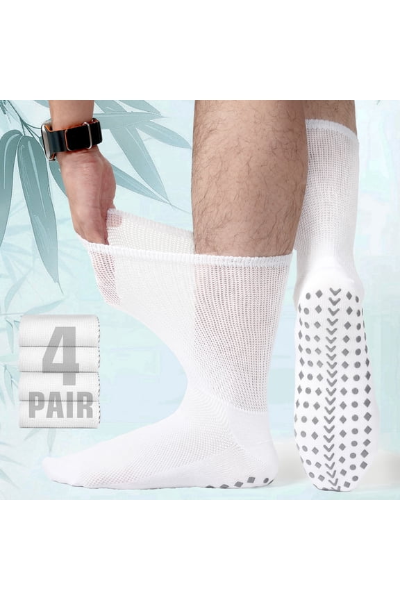 Men's Diabetic Socks 4 Pairs, Non-Binding Bamboo Neuropathy Crew Socks with Non-Slip Grip, Moisture Wicking Breathable Comfort Fit Father's Day Gift, WHITE