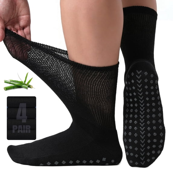 HIALTODAY Men's Diabetic Socks 4 Pairs, Non-Binding Bamboo Neuropathy Crew Socks with Non-Slip Grip, Moisture Wicking Breathable Comfort Fit Father's Day Gift, Black