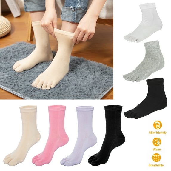 4 Pairs Men Toe Socks Cotton Running Five Finger Crew Socks for Unisex, One Size, Beige