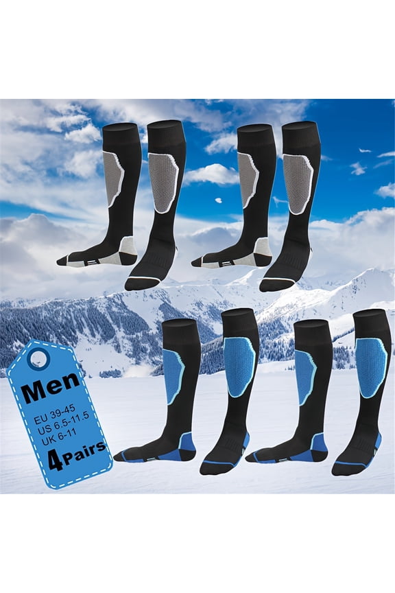 4 Pairs Men's Knee-High Thickened Warm Hiking Climbing Skiing Ice Skating Outdoor Sports Socks, Knitted Fabric, Nylon & Polyester Blend, Machine Washable, Geometric Pattern, Men's Outdoor Socks