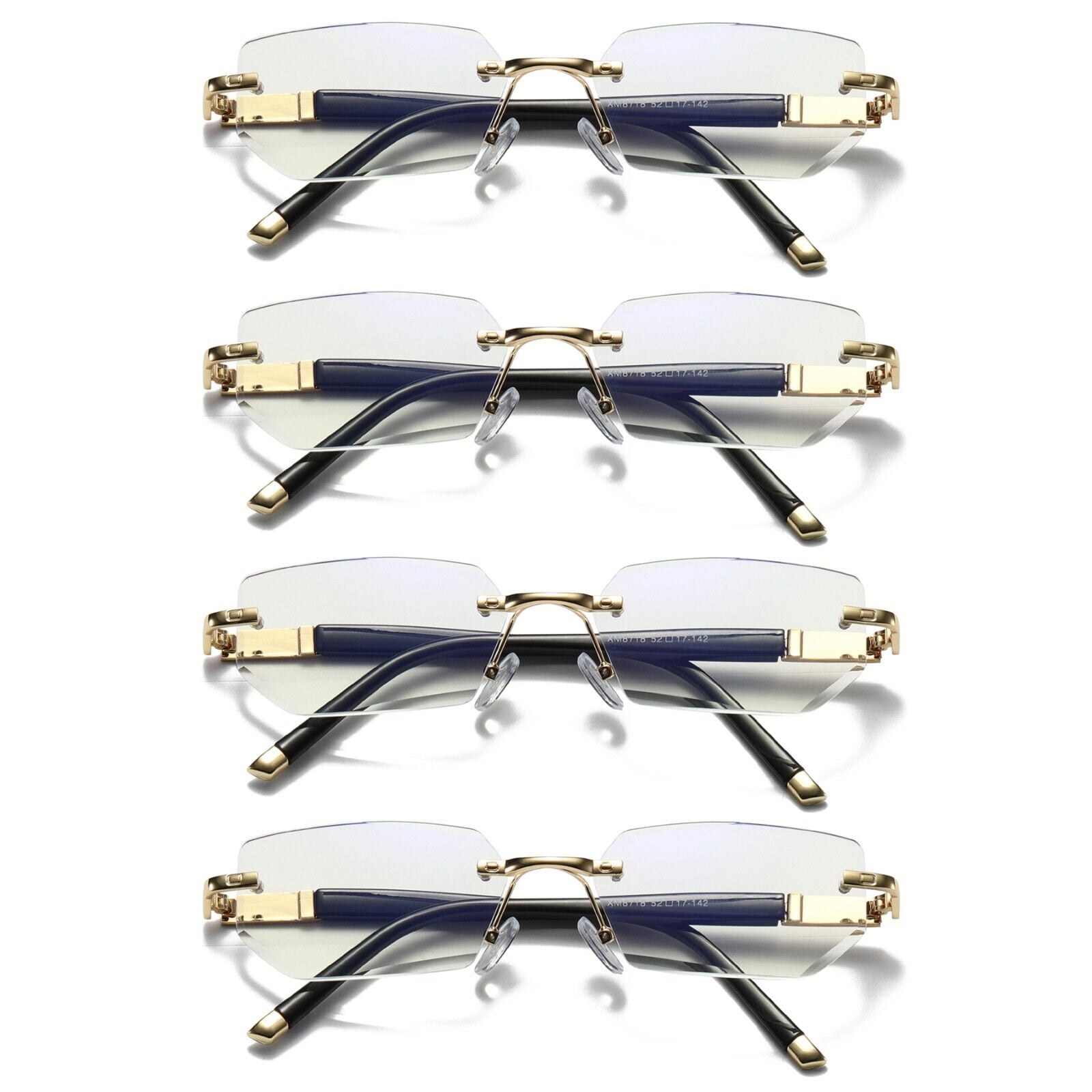 4 pairs mens diamond shape rimless blue light blocking reading glasses