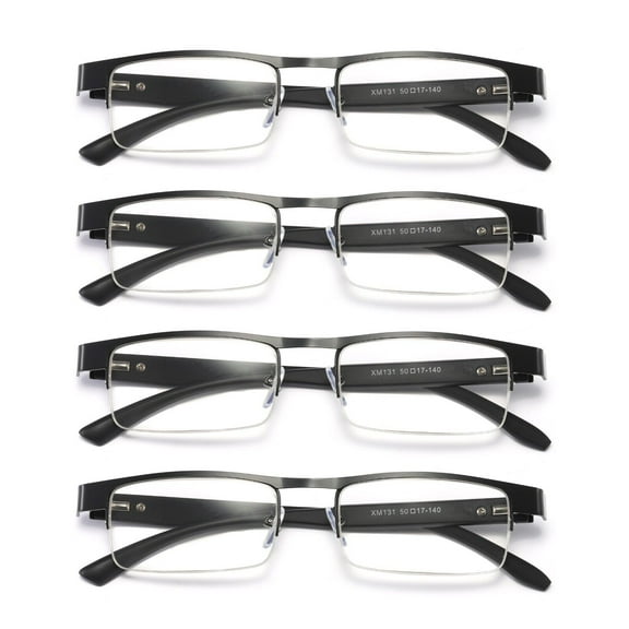 4 Pairs Mens Rectangular Metal Half Frame Reading Glasses Spring Hinge Black Readers +0.75