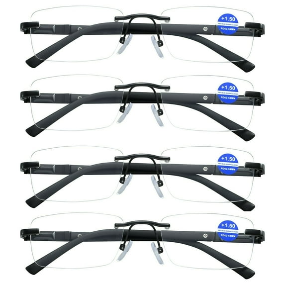 4 Pairs Mens Rectangular Rimless Blue Light Blocking Reading Glasses Spring Hinge Readers +1.50