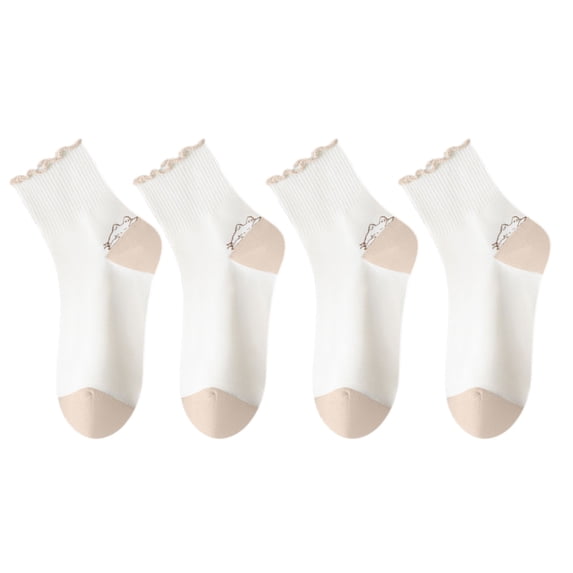 4 Pairs Mid-Crew Ruffle Trim Socks with Contrast Toe Heel and Cat Embroidery Design, 4 PK-Khaki