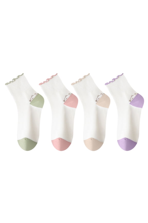 4 Pairs Mid-Crew Ruffle Trim Socks with Contrast Toe Heel and Cat Embroidery Design, 4 PK-MUL A