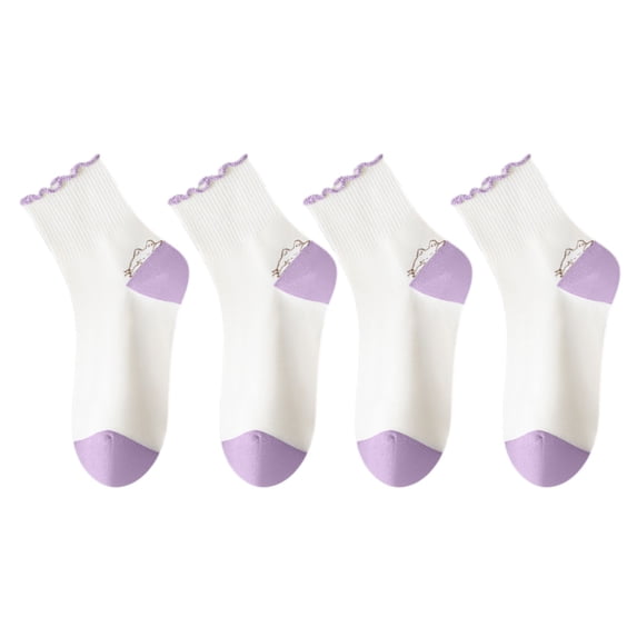4 Pairs Mid-Crew Ruffle Trim Socks with Contrast Toe Heel and Cat Embroidery Design, 4 PK-Purple