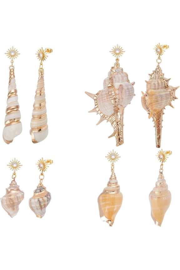 4 Pairs Natural Gold Shell Dangle Earrings Summer Sea Shell Earring Set Hawaii Casual Seashell Conch Drop Dangle Earring Handmade Boho Tropical Natural Scallop Drop Earrings for DIY Making