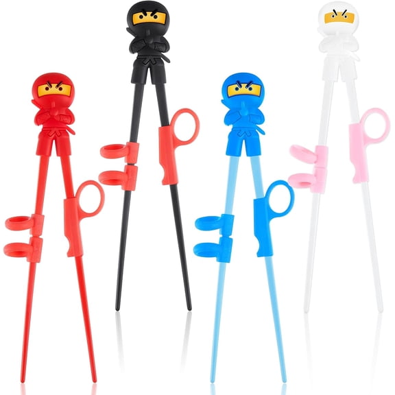 4 Pairs Ninja Training Chopsticks for Kids Adults Beginners Cute Tableware Reusable Japanese Learning Helper with Attachable right or Left Handed Trainer, 7 Inch
