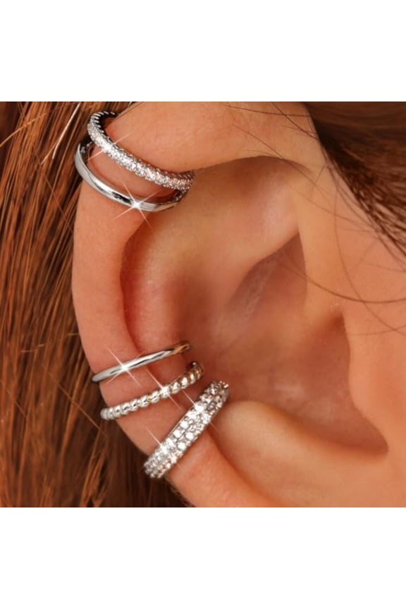 4 Pairs Non-Piercing Ear Cuffs Set - 14K Gold Plated Clip On Cartilage Earrings, Adjustable Fake Helix & Conch Ear Cuffs for Women, Stackable Ear Jewelry