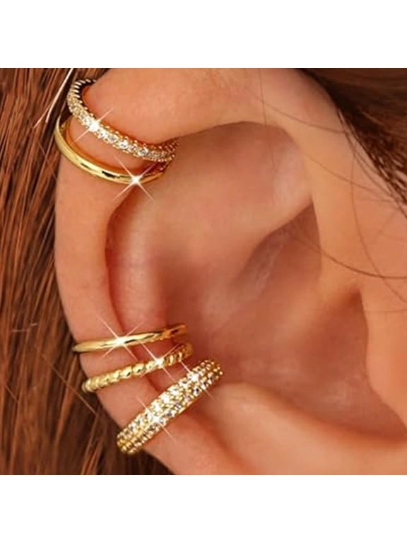 4 Pairs Non-Piercing Ear Cuffs Set - 14K Gold Plated Clip On Cartilage Earrings, Adjustable Fake Helix & Conch Ear Cuffs for Women, Stackable Ear Jewelry
