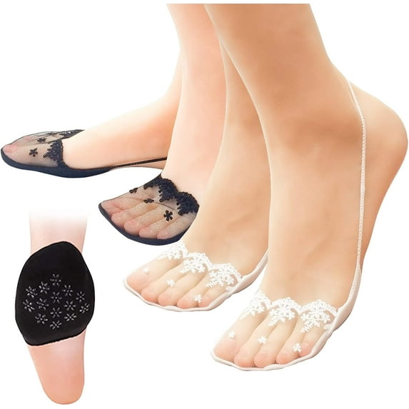 4 Pairs Non-Slip Breathable Lace No Show Socks, Toe Topper Half Socks, Low Cut Liner Slingback Socks.