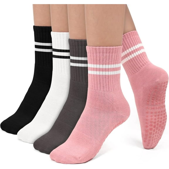 4 Pairs Non Slip Grip Socks for Women, Non Skid Anti Slip Grippy Socks with Gripper for Men Women for Yoga Pilates Hospital