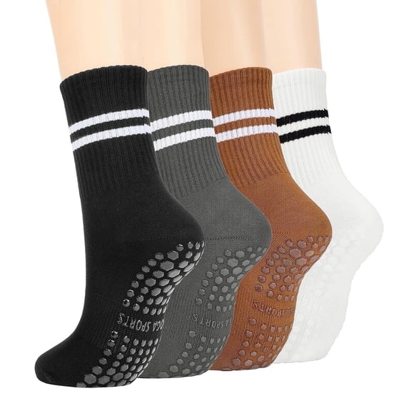 4 Pairs Non Slip Grip Socks for Women, Non Skid Anti Slip Grippy Socks with Gripper for Men Women for Yoga Pilates Hospital