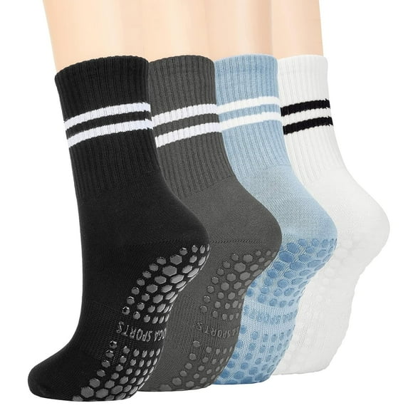 4 Pairs Non Slip Grip Socks for Women, Non Skid Anti Slip Grippy Socks with Gripper for Men Women for Yoga Pilates Hospital