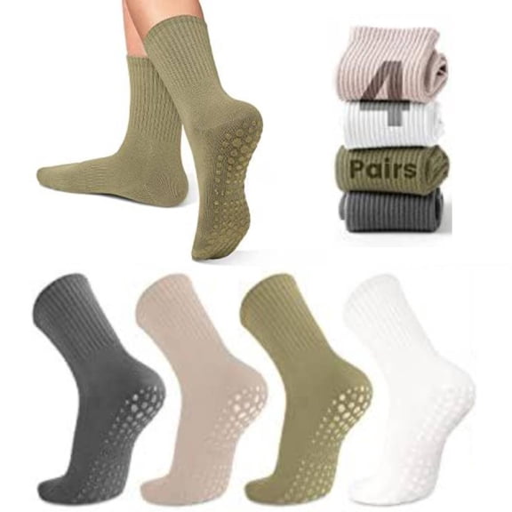 4 Pairs Non Slip Pilates Socks with Grips for Women, Crew Grip Socks for Yoga, Barre, Hospital, Barefoot Workout
