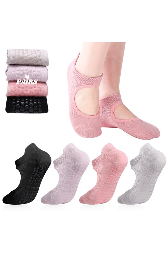 4 Pairs Non-Slip Pilates & Yoga Socks, Grip Socks for Women Cotton Short Gym & Barre Socks for Home Workout