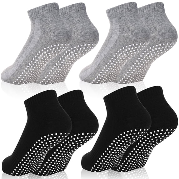 4 Pairs Non Slip Socks with Grip, Anti Slip Socks with Cushion,Full Toe Ankle Fall Prevention Socks with Grip,Non Skid Socks for Yoga,Pilates,Dance,Ballet,Men,Women(Black, dark gray)