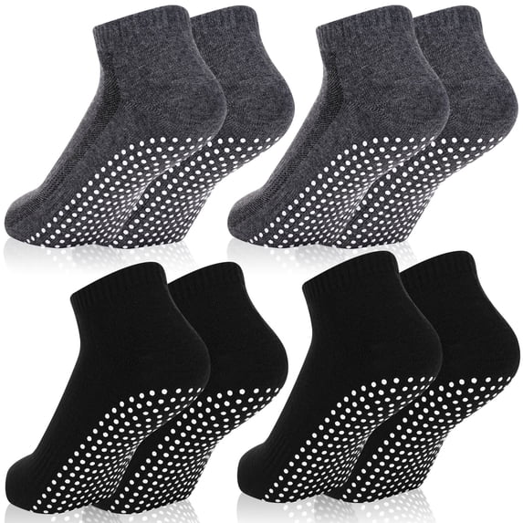4 Pairs Non Slip Socks with Grip, Anti Slip Socks with Cushion,Full Toe Ankle Fall Prevention Socks with Grip,Non Skid Socks for Yoga,Pilates,Dance,Ballet,Men,Women(Black, dark gray)
