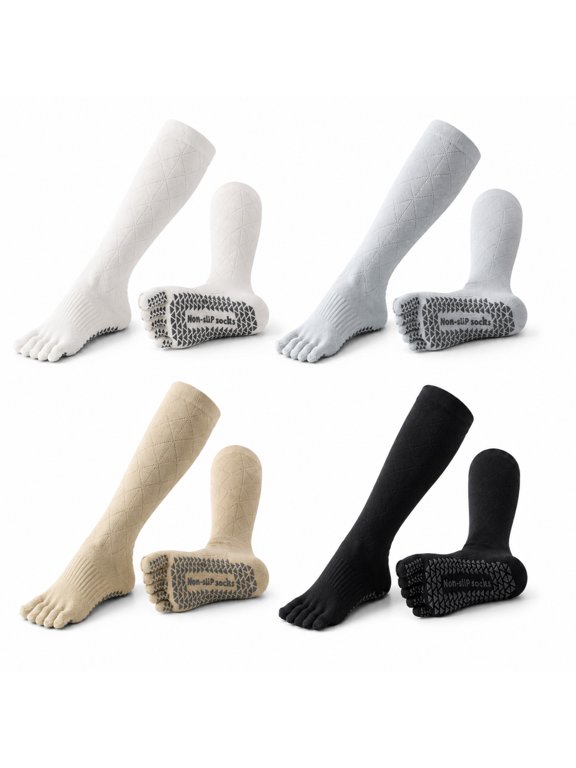 4 Pairs Non Slip Toe Socks, Knee High Grip Athletic Socks for Yoga Pilates Workout