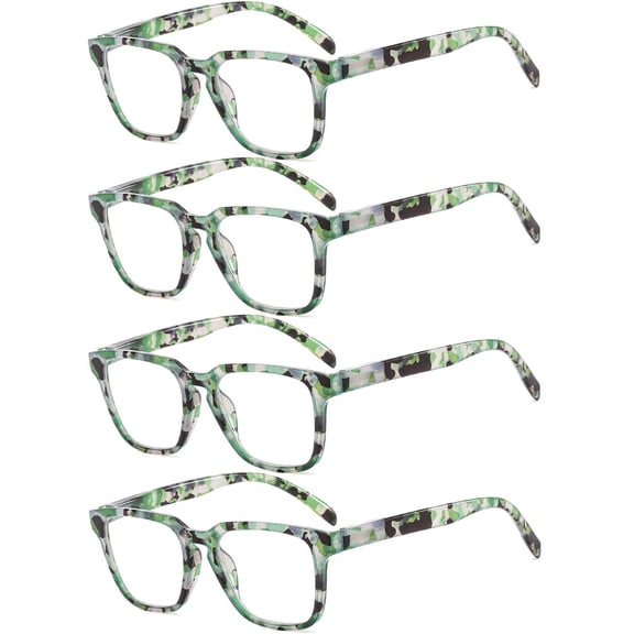 4 Pairs of Personalized Green Floral Square Oversized Black Reading Glasses 1.50 for Men and Women, Fashionable Trendy Presbyopic Glasses Spring Hinge Readers +1.50