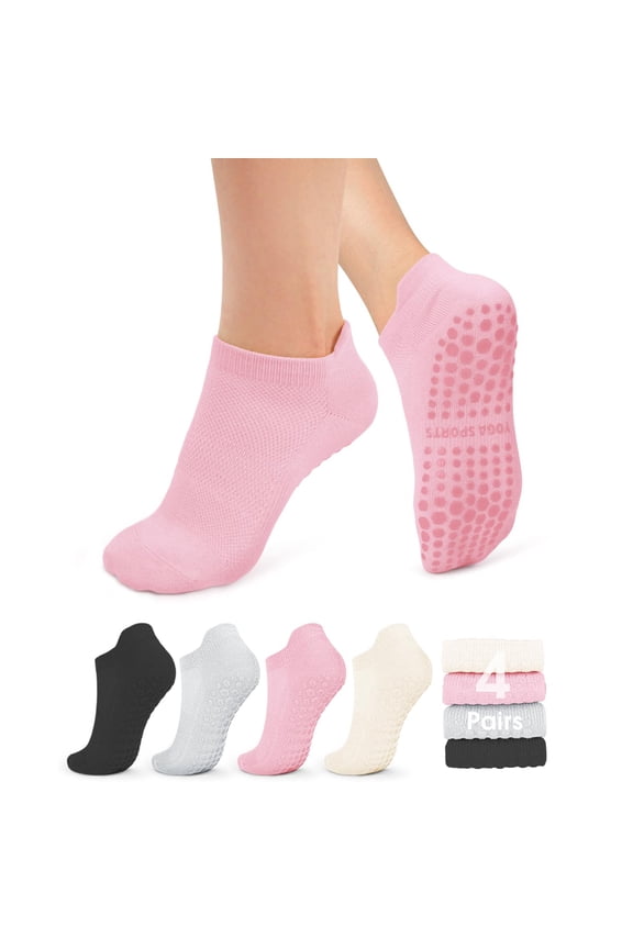 4 Pairs Pilates Socks for Women Non Slip Grip Socks for Yoga, Barre, Hospital, Barefoot Grippy Yoga Sock Womens Gifts