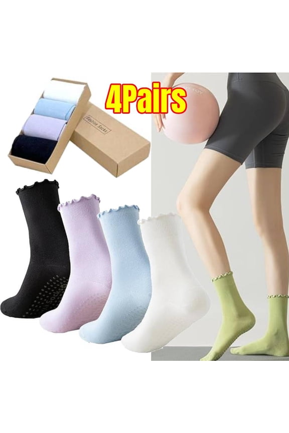 4 Pairs Pilates Socks with Grips Non-slip Ruffle Yoga Sock Grip Sock for Women