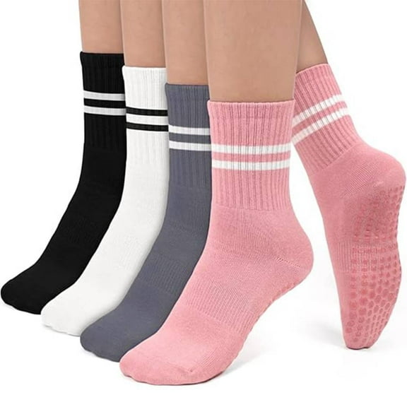 4 Pairs Pilates Socks with Grips for Women, Non-Slip Yoga Athletic Sock US 5.5-8