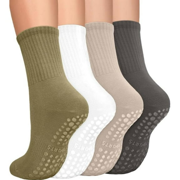 4 Pairs Pilates Socks with Grips for Women, Non-Slip Yoga Athletic Socks for Barre Barefoot Workout Hospital