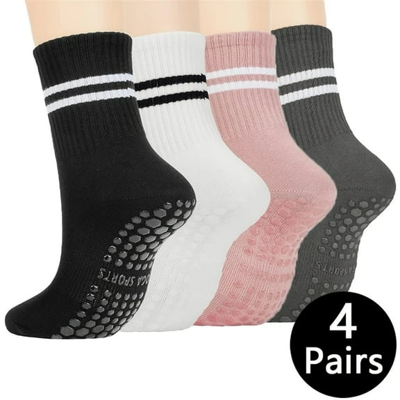 4 Pairs Pilates Socks with Grips for Women, Non-Slip Yoga Athletic Socks for Barre Barefoot Workout