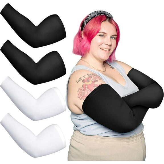 4 Pairs Plus Size Arm Sleeves UV Sun Protection Cooling Ice Silk Oversized Compression Sleeve Cover for Women