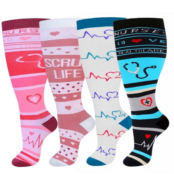 4 Pairs Plus Size Compression Socks For Women Men,20-30 MmHg Wide Calf Knee High Support Stockings For Circulation,Athletic,Nurse,Running