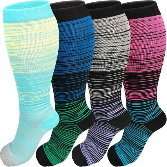 4 Pairs Plus Size Compression Socks Wide Calf for Women and Men 20-30 mmHg Extra Large Size Knee High Support Stockings(2XL-4XL)