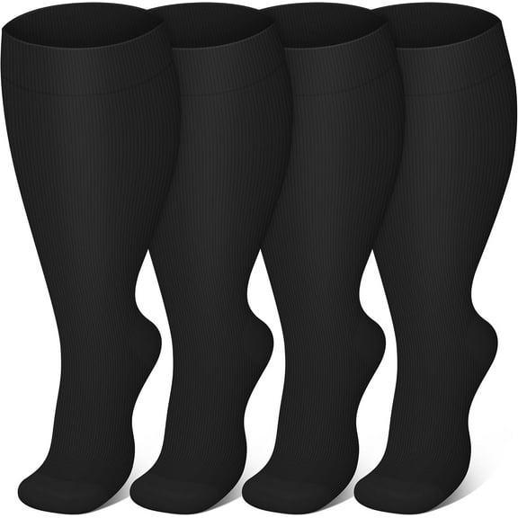 4 Pairs Plus Size Compression Socks for Women & Men, Wide Calf 20-30mmhg for Circulation, Running, Nurse, Pregnant