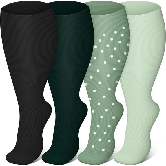 4 Pairs Plus Size Compression Socks for Women & Men, Wide Calf 20-30mmhg for Circulation, Running, Nurse, Pregnant