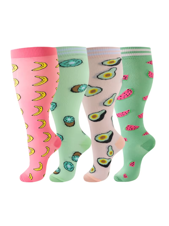 4 Pairs Plus Size Spring Color Foral Animal Fruit Printed Compression Socks Leg Support For Men and Women Outdoor Athltic Sock