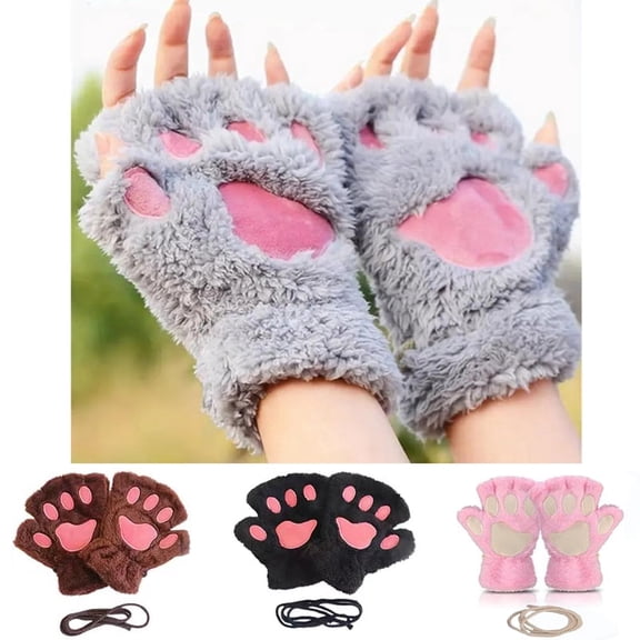 4 Pairs Plush Cat Paw Gloves ,Winter Fingerless Halloween Cosplay Costume Mittens Accessories for Adult