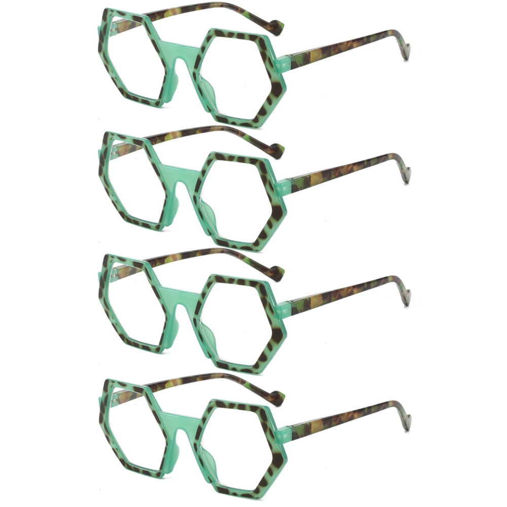 4 Pairs of Polygon Blue Light Blocking Reading Glasses 1.50 Oversized Green Tortoiseshell Presbyopic Glasses Stylish Candy Color Spring Hinge Readers +1.50