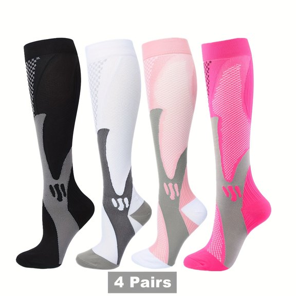 4 Pairs Professional Knee-High Compression Socks for Men & Women - Heavy-Duty,, All-Season Wear - Nylon/Elastane (Black/White/Pink/Grey) - Marathon Running, Gym,, Soccer Athletic Tights