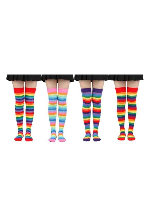4 Pairs Rainbow High Socks Women Colorful Striped Knee SocksThigh High Stockings for Girl