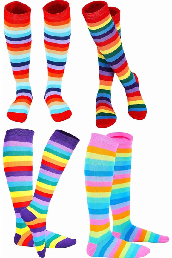 4 Pairs Rainbow knee socks Women Colorful Striped High Socks Girls Thigh Stockings