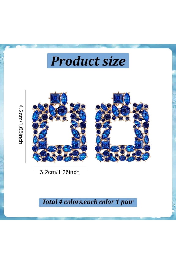 4 Pairs Rhinestone Hollow Square Dangle Stud Earrings for Women Rhinestone Square Sparkly Geometric Drop Dangle Earrings Chandelier Costume Jewelry Gifts for Wedding Birthday