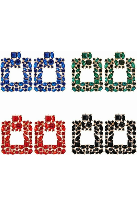 4 Pairs Rhinestone Hollow Square Dangle Stud Earrings for Women Rhinestone Square Sparkly Geometric Drop Dangle Earrings Chandelier Costume Jewelry Gifts for Wedding Birthday